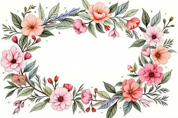 Elegant floral frame design with colorful blooms and greenery for invitations or cards.