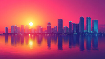Obraz premium Miami, USA, Pop Art style theme print. Cityscape, city skyline.Vibrant, bright, modern, trendy, graphic designed for poster, card, wallpaper