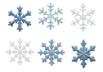 Set of different snowflakes isolated on PNG transparent background. Macro photo of real snow crystals. Generative AI