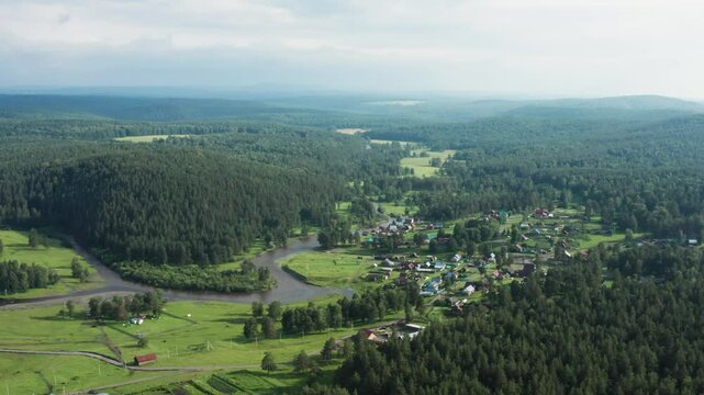 Southern Urals, the central estate of the Bashkir State Nature Reserve - Sargaya village. Aerial view.