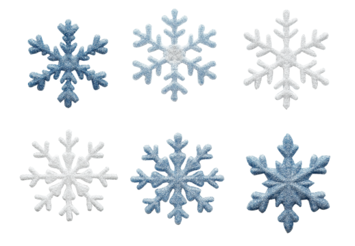 Set of different snowflakes isolated on PNG transparent background. Macro photo of real snow crystals. Generative AI