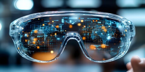 Futuristic augmented reality glasses displaying digital data and global connections.