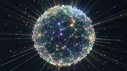A vibrant, abstract representation of a digital globe, showcasing interconnected nodes and luminous lines radiating outward in a mesmerizing array of colors.
