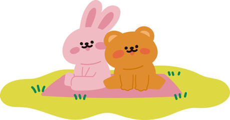 잔디밭에서 소풍을 즐기는 곰과 토끼