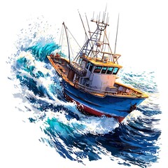 Fishing Boat Battling Waves on a Stormy Sea.
