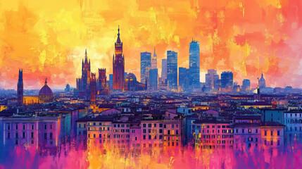 Fototapeta premium Milan, Italy, Pop Art style theme print. Cityscape, city skyline.Vibrant, bright, modern, trendy, graphic designed for poster, card, wallpaper