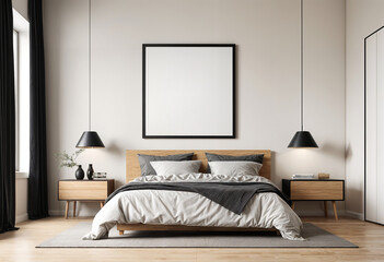 Interior view of contemporary bedroom with frame mockup on the wall