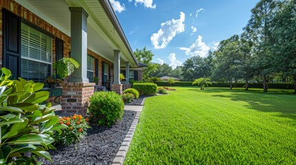 Obraz premium View from the front porch of a modern suburban home with a manicured front lawn in a nice community neighborhood across the street to a park on a sunny summer day.