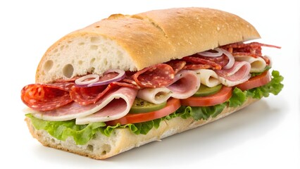 Italian Sub Sandwich with Salami, Pepperoni, Ham and Provolone Cheese, Side View on White