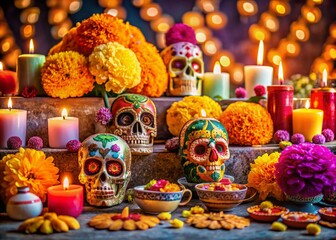 Fototapeta premium Colorful Day of the Dead Altar with Sugar Skulls and Marigolds - Vibrant Celebration of Life and Culture