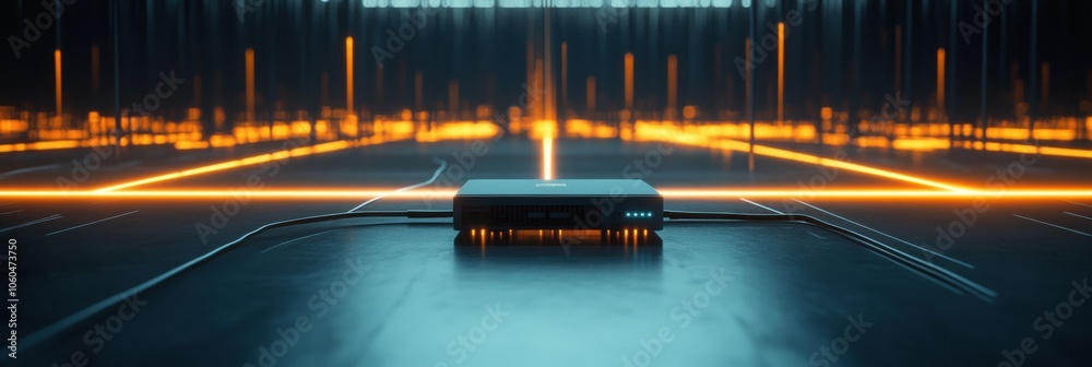 Leinwandbilder a router sits at the center with network cables, surrounded by glowing lines creating a vibrant digi