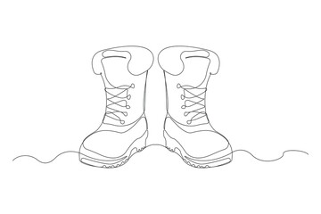 Continuous line art drawing of boots. Minimalist hiking boots continuous outline vector.