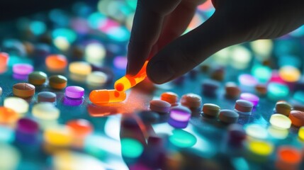 a hand reaching for a bright orange pill among a mix of variously colored tablets and capsules spread across a reflective glass surface.