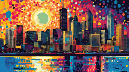 Obraz premium Milwaukee, Wisconsin, Pop Art style theme print. Cityscape, city skyline.Vibrant, bright, modern, trendy, graphic designed for poster, card, wallpaper