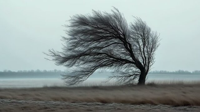 Strong wind bends trees and sways branches in a rural landscape, highlighting the force of nature and stormy weather.