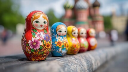 Fototapeta premium A collection of Colorful Russian Matryoshka Dolls showcased in a beautifully Iconic Setting