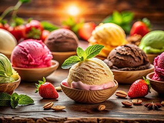 Colorful Ice Cream Scoops in Tilt-Shift Photography for Summer Desserts - Perfect for Banners and Menus