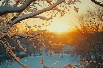 Winter Sunset Through Snowy Branches