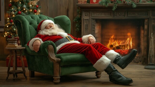 A Cozy Santa Claus is seen Relaxing by the Warm Fire During the Wonderful Christmas Eve