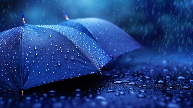 Vector umbrella rain protection. Abstract wire low poy umbrella cover in rain illustration on dark blue background with water fall drops. Meteorology, safety, autumn season concep