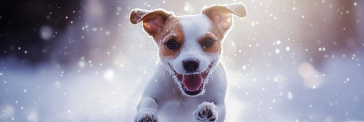 Adorable Jack Russell terrier, playfully running through a snowy meadow with tiny snowflakes on its fur, expressing happiness and excitement as it explores the outdoors