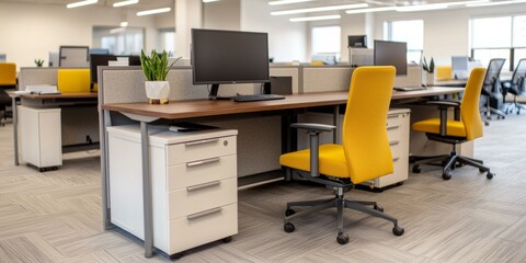 Modern office workspace with yellow chairs and sleek desks.