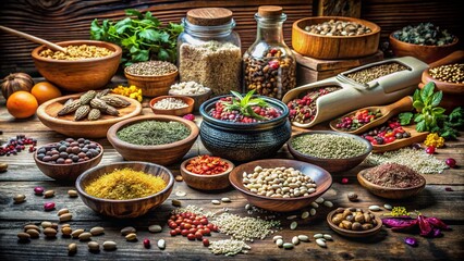 Fototapeta premium Colorful Seeds Arrangement: Vibrant Natural Ingredients for Healthy Eating, Nutrition, and Culinary Creativity in Food Photography
