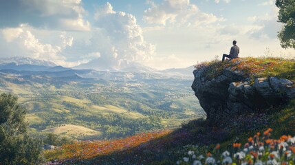 Obraz premium A man standing on a high stone cliff at dawn, with soft morning light illuminating the landscape. He gazes thoughtfully at the mist rising from the forest below,