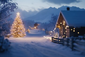 Fototapeta premium Cozy Winter Scene with Snow and Holiday Lights