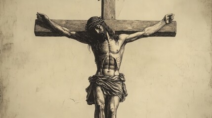 A powerful representation of the crucifixion of Christ against a stark, dramatic backdrop, conveying deep emotion and spiritual reflection