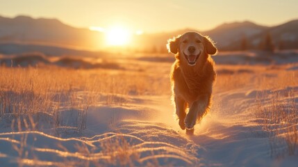 Beautiful winter portrait of a golden retriever running in a snowy field at sunrise, fur glowing in the sunlight, expressing joy and freedom in the vast landscape