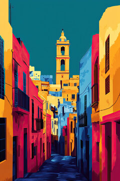 Monastir, Tunisia, Pop Art style theme print. Cityscape, city skyline.Vibrant, bright, modern, trendy, graphic designed for poster, card, wallpaper