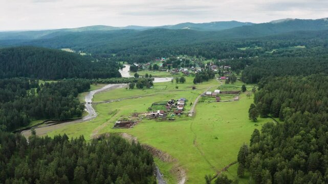 Southern Urals, the central estate of the Bashkir State Nature Reserve - Sargaya village. Aerial view.