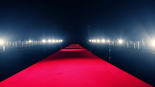 Elegant red carpet leading to a focal point under intense lighting, emphasizing exclusivity and anticipation at night. video