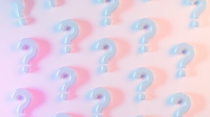 A conceptual visual of large, illuminated question marks floating above a textured plane,