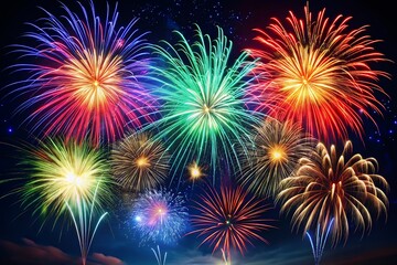 Naklejka premium fireworks in the night sky Set of firecracker icons for Anniversary, New year, Celebrate, Festival. Flat design on black background.