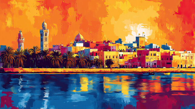 Monastir, Tunisia, Pop Art style theme print. Cityscape, city skyline.Vibrant, bright, modern, trendy, graphic designed for poster, card, wallpaper