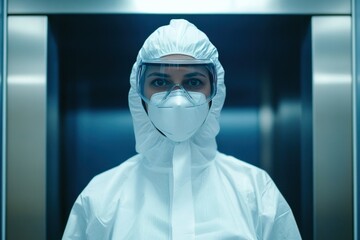 Healthcare Worker in Protective Gear in Elevator