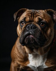Obraz premium professional photo of brown bulldog front view in a dark background