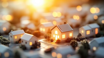 Fototapeta premium A miniature neighborhood scene at sunset, showcasing a glowing house among others, emphasizing warmth and community.