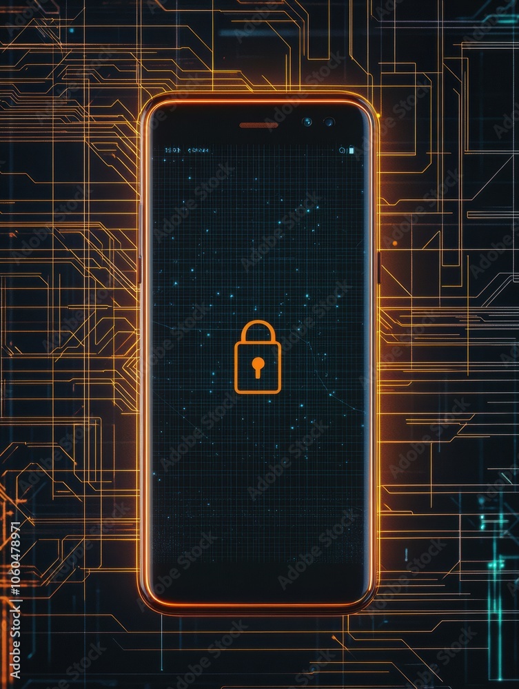 Poster a smartphone with a lock icon on its screen is shown against a vibrant digital circuit background, h