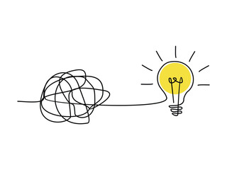 continuous line drawing of tangled and scribble wires with light bulbs design vector on transparent background