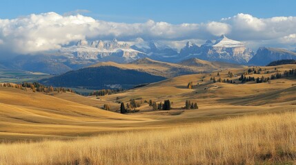 Fototapeta premium View of the Seiser Alm (Alpe di Siusi in Italian), one of the biggest alpine meadows on the Dolomites, with the Sassolungo and Sassopiatto peaks on the background 