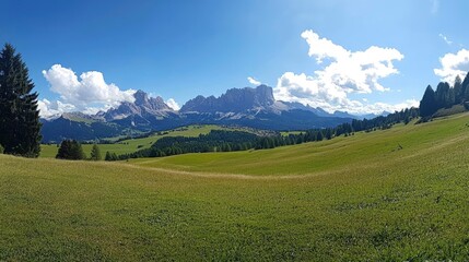 View of the Seiser Alm (Alpe di Siusi in Italian), one of the biggest alpine meadows on the Dolomites, with the Sassolungo and Sassopiatto peaks on the background 