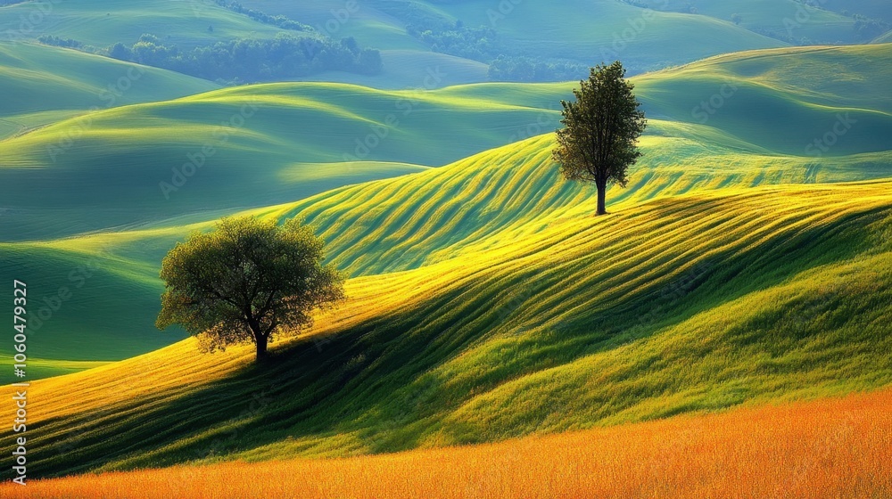 Wall mural golden hills under a bright sky with two trees standing proudly in the tuscan landscape at sunrise