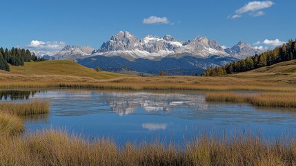 View of the Seiser Alm (Alpe di Siusi in Italian), one of the biggest alpine meadows on the Dolomites, with the Sassolungo and Sassopiatto peaks on the background 