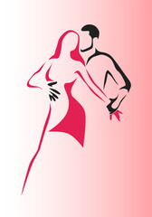Vector illustration of couple dancing tango. Woman in red dress dancing argentine tango with man in suit. Logo or poster for dance school, concerts, festivals, carnivals, cards.