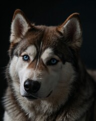 Obraz premium professional photo of siberian husky front view close up in a dark background