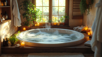 The bathroom is warm and inviting. There is steaming water in the tub and candles emitting soft, twinkling light. The wooden rack holds fluffy towels, and the door is hung with cozy bathrobes.