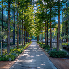 Obraz premium Lush green courtyard with paved walkway between modern office buildings creates a tranquil and inviting space